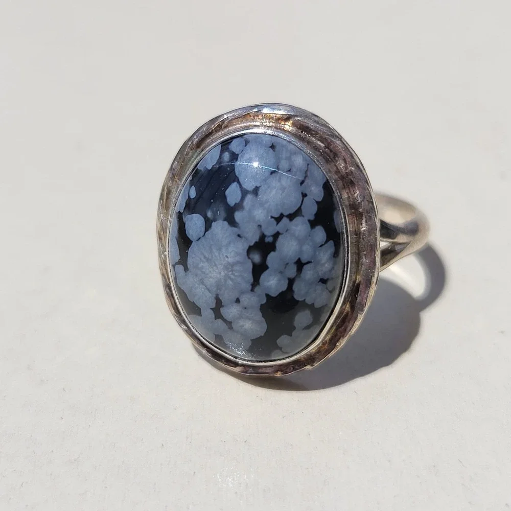 Vintage Sterling Silver Snowflake Obsidian Ring Size 7.5 Black Gray